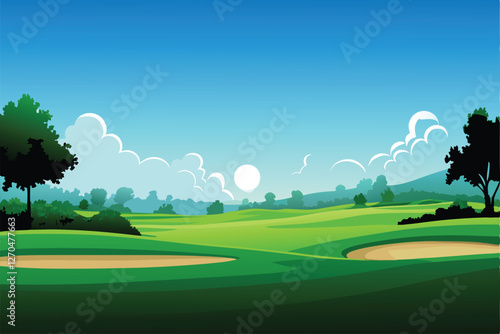 A vibrant, sun-drenched golf course showcasing lush green fairways, manicured greens, and perfectly placed bunkers under a clear blue sky.