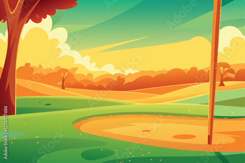A vibrant, sun-drenched golf course showcasing lush green fairways, manicured greens, and blue skies;  wide-angle view.