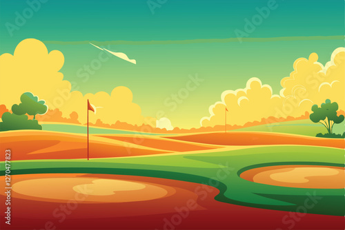 A vibrant, sun-drenched golf course showcasing lush green fairways, manicured greens, and a clear blue sky.