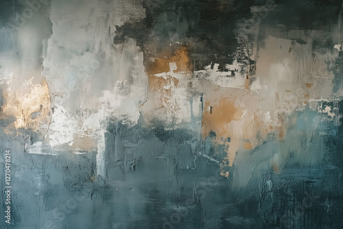  large wall with a painting of a cityscape with a lot of graffiti. The painting is a mix of blue and gray colors with some gold accents. The mood of the painting is somewhat chaotic and urban