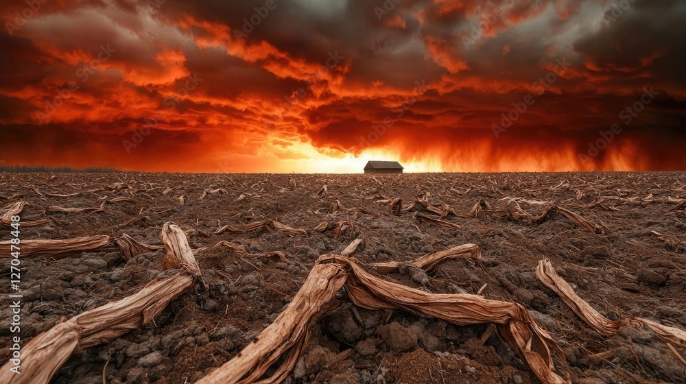 Acid rain climate change concept. A barren landscape under a dramatic sky, showcasing the impacts of climate change.