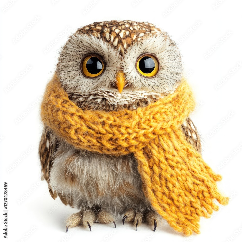 Naklejka premium Little plush owl on a knitted scarf on pure white background
