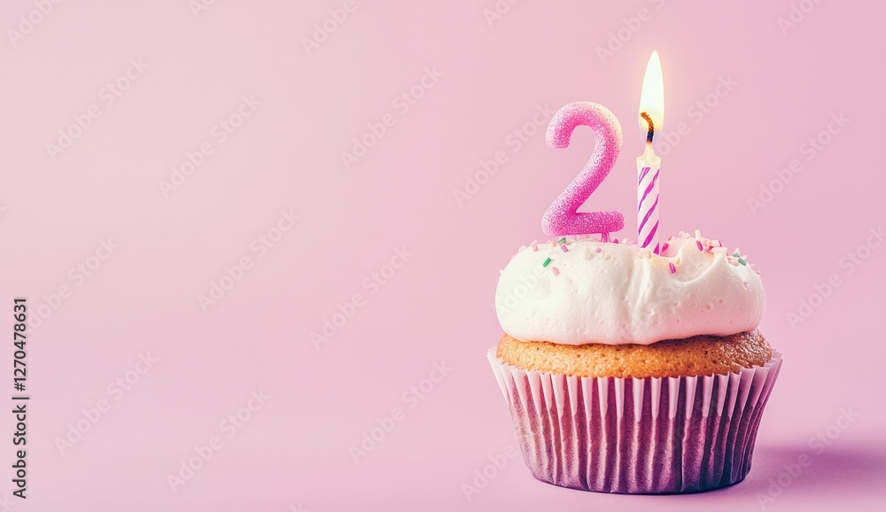 21st birthday concept, cupcake with 2 candles, pink, left space. 21st birthday concept, cupcake with 2 candles, pink, left space.