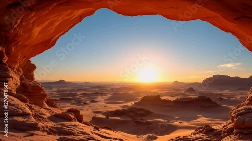 Sunset over the Sahara Desert, viewed from a natural archway in the rocks. A stunning display of warm colors and vast landscapes.