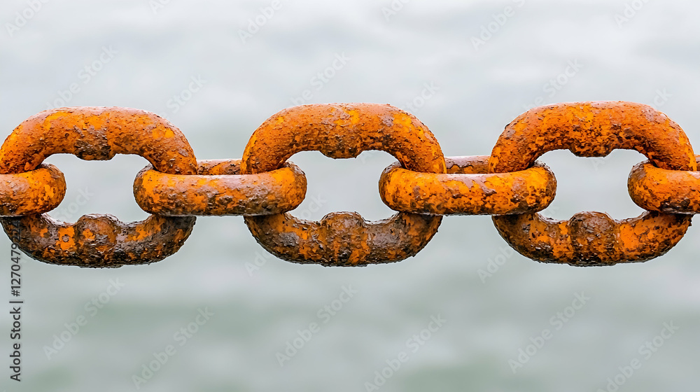 Fototapeta premium Rusty chain links near ocean, blurred water background; industrial, nautical, texture image
