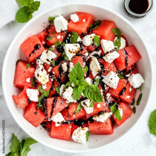 A vibrant and fresh watermelon salad with feta cheese, mint, and a balsamic reduction