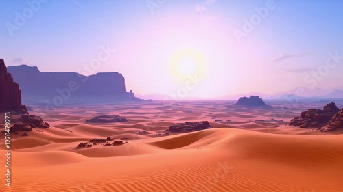Majestic Desert Sunset: A Breathtaking Panorama of  Orange Dunes and Distant Mountains