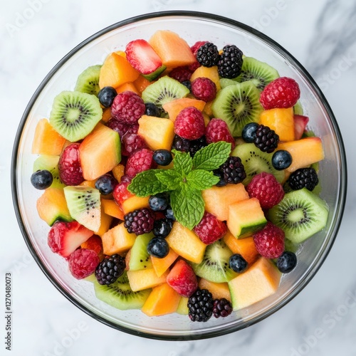 Fototapeta Naklejka Na Ścianę i Meble -  A vibrant and refreshing fruit salad with a mix of seasonal fruits and a drizzle of honey, served in a clear glass bowl, Fruit salad centered