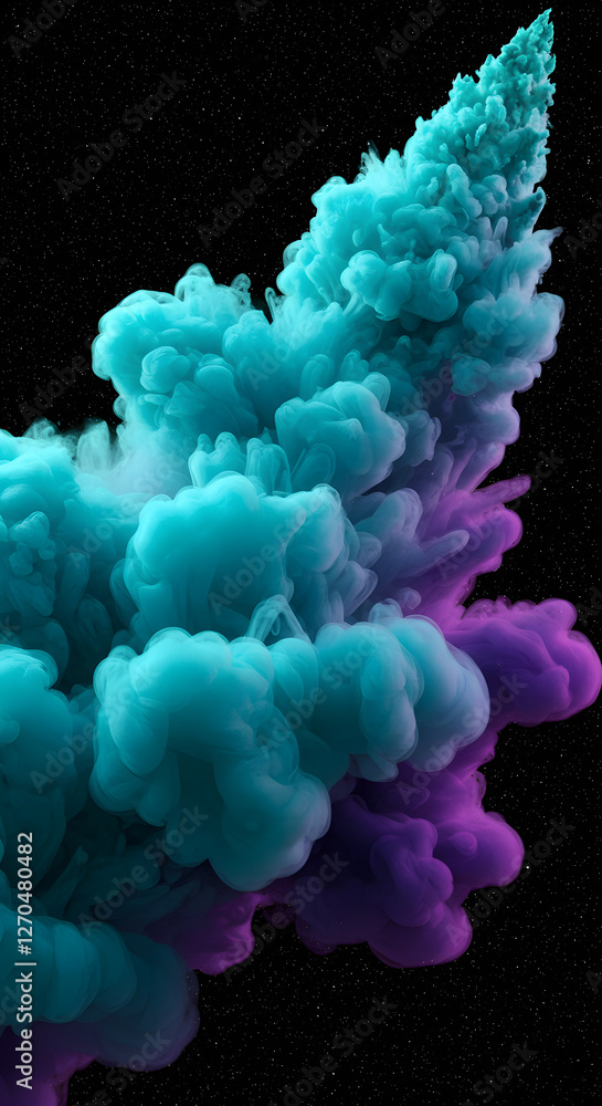 Obraz premium A vibrant abstract representation of colorful smoke or vapor in shades of turquoise and purple, swirling and flowing upwards against a black starry background.