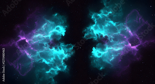A vibrant cosmic nebula with swirling clouds of turquoise and purple against a dark starry background, creating a mesmerizing celestial scene.