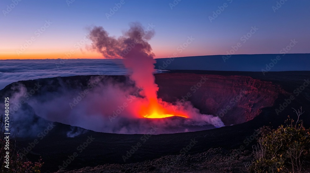 Fototapeta premium Volcanic eruption at dawn, glowing lava and smoke plume rising from crater.