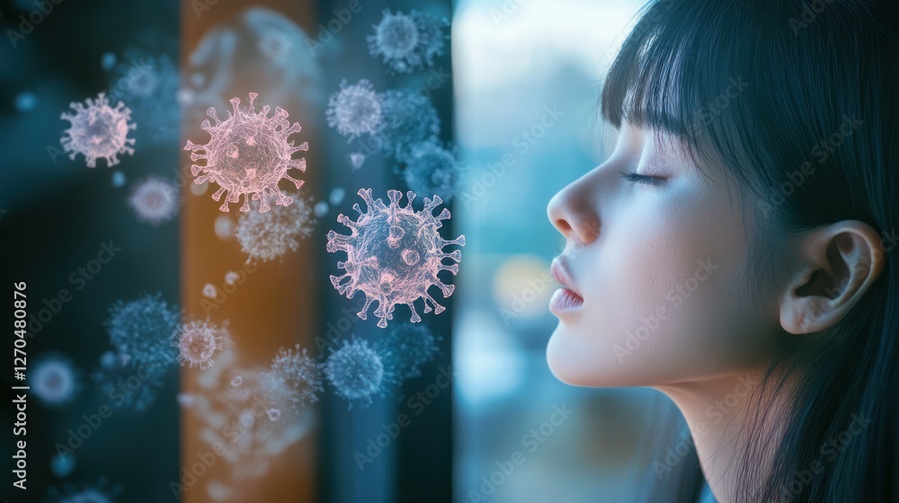 Fototapeta premium Girl, window, virus, illness, fear, home, quarantine, health, pandemic, breathing