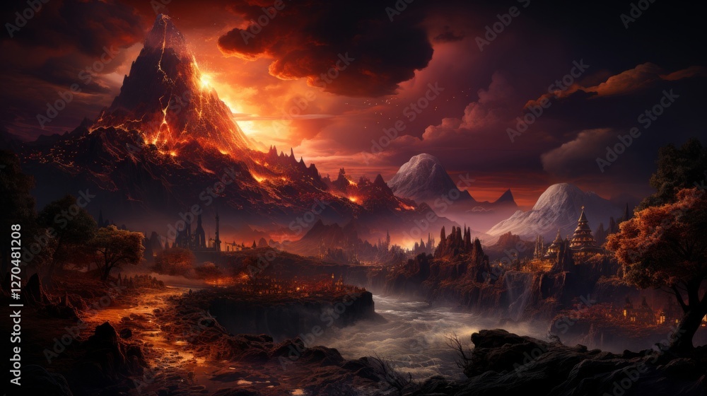 Φωτογραφία 火山の自然風景イラスト,Generative AI AI画像