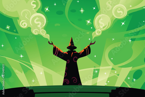 A powerful, mystical spellcaster, cloaked and hooded, raises hands, magically conjuring a vibrant rainbow arc of swirling, iridescent energy.  Detailed, fantasy art.