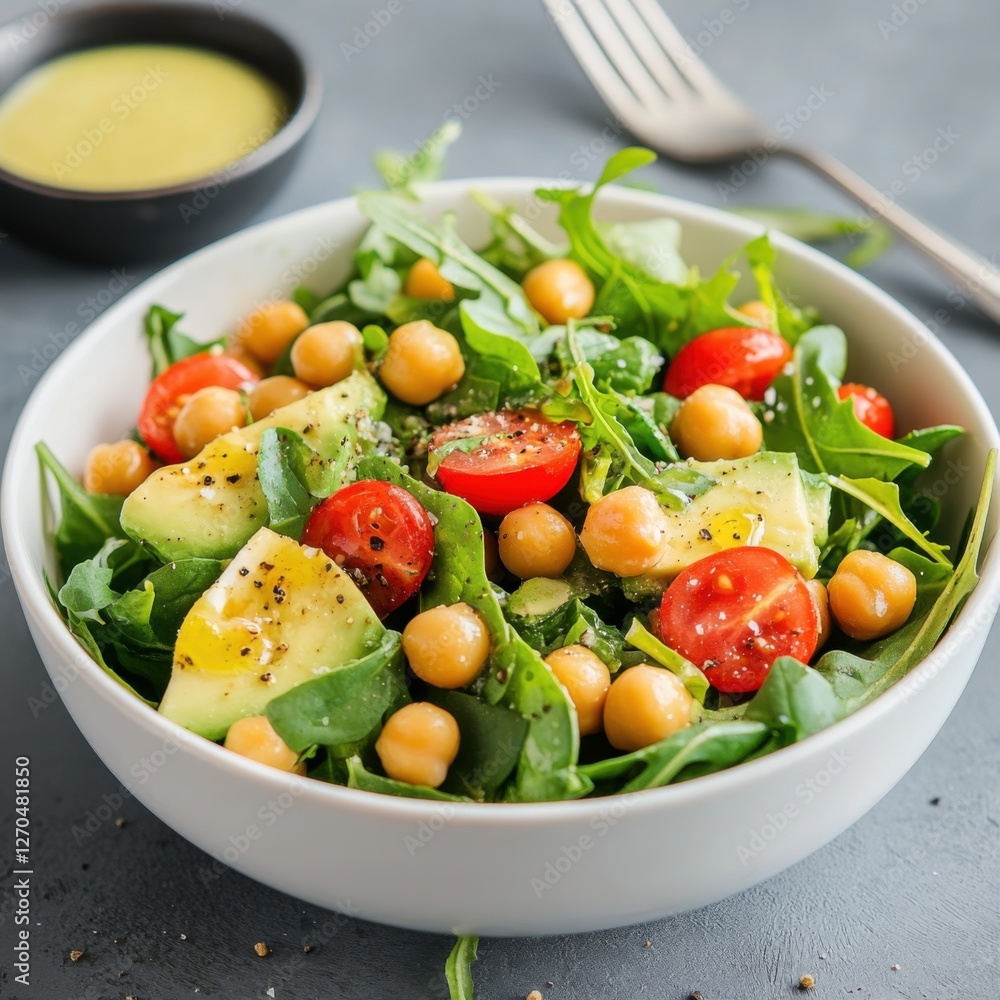 A vibrant avocado and chickpea salad with fresh greens, served in a modern white bowl, Salad centered A vibrant avocado and chickpea salad with fresh greens, served in a modern white bowl, Salad centered