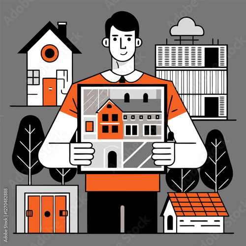 Real Estate Planning – Man Holding House Blueprint Illustration