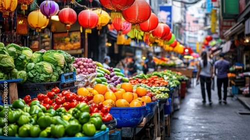 A bustling street market in Asia, colorful lanterns hanging above, vendors selling fresh produce and street food.