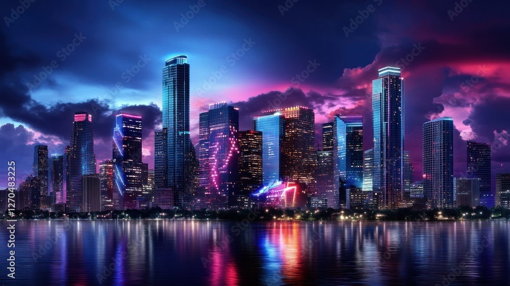 Fototapeta premium A city skyline at dusk, neon lights reflecting off glass skyscrapers, with deep purples, blues, and reds blending into the twilight sky.