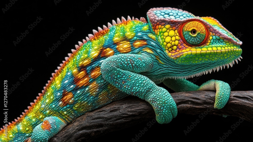 A close-up of a chameleon skin, its textured scales shifting between hues of green, blue, orange, and yellow in intricate patterns A close-up of a chameleon skin, its textured scales shifting between hues of green, blue, orange, and yellow in intricate patterns