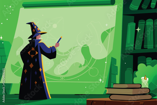 An ancient, robed wizard meticulously crafts a glowing, intricate magical blueprint, arcane symbols swirling around him in a dimly lit, mystical workshop.