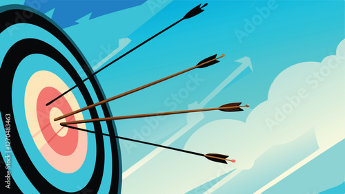 A vibrant archery target, dynamically pierced by numerous arrows in mid-flight, showcasing intense action and skill.