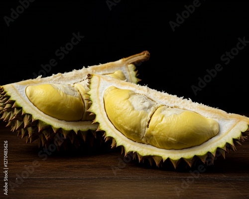Fresh durian fruit on vibrant yellow background