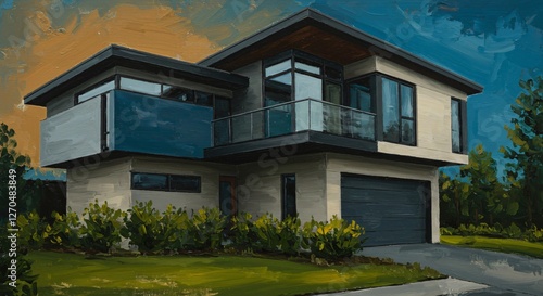Wallpaper Mural A modern two-story house with large glass windows, a sleek balcony, and a garage, surrounded by greenery under a dramatic sky. A blend of contemporary architecture and nature. Torontodigital.ca