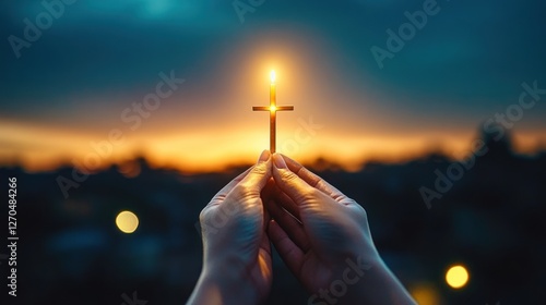 Silhouette of hands holding Christian cross against vibrant sunset sky