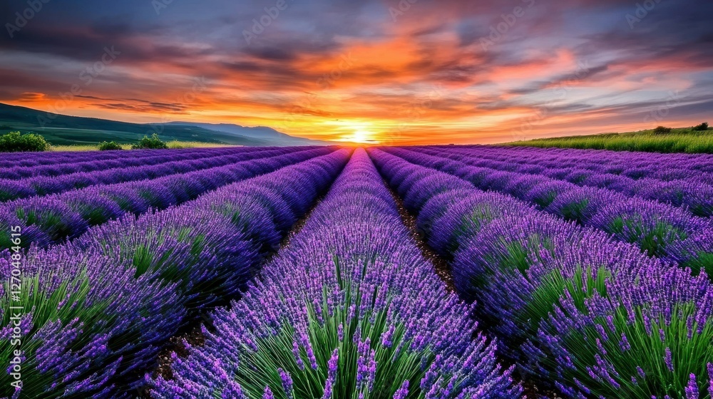 Obraz premium A dramatic sunset over a lavender field, where the sky bursts into a palette of deep pinks, fiery oranges, and rich purples.