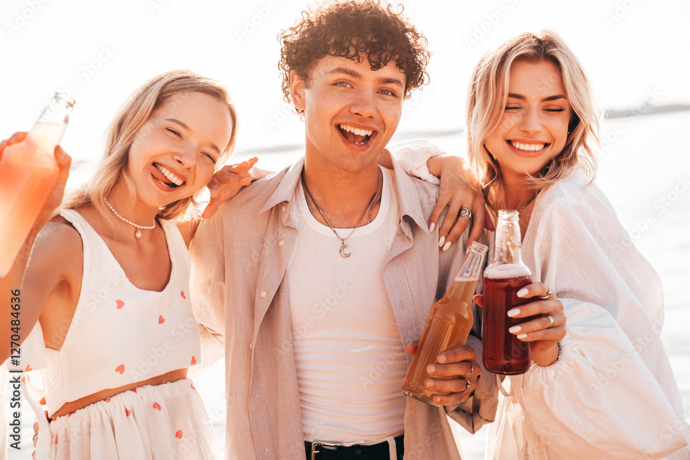 Young stylish friends posing at the seaside. Fashion man and two cute female dressed in casual summer clothes. Smiling models having fun. Cheerful women and guy outdoors, Hold and drink lemonade Young stylish friends posing at the seaside. Fashion man and two cute female dressed in casual summer clothes. Smiling models having fun. Cheerful women and guy outdoors, Hold and drink lemonade