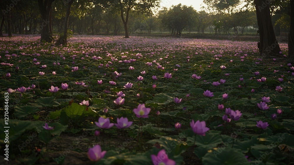 Sunset Lotus Field, Purple Flowers, Peaceful Grove Sunset Lotus Field, Purple Flowers, Peaceful Grove