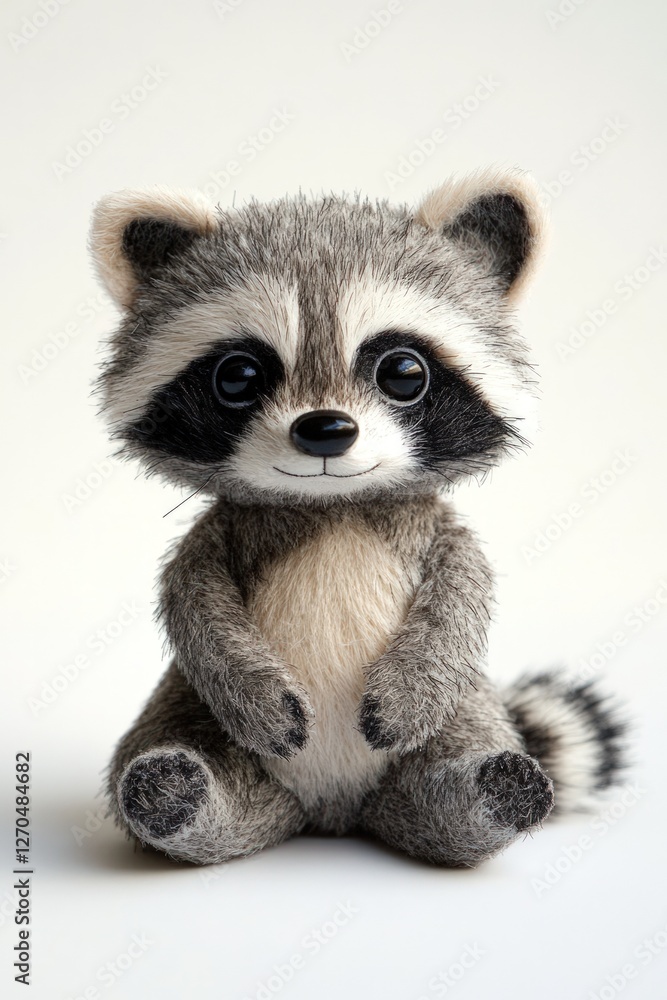 Toy raccoon with a tiny tail and mask on pure white background Toy raccoon with a tiny tail and mask on pure white background