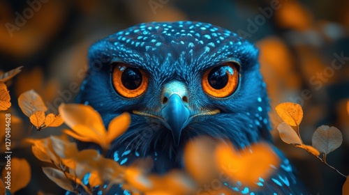 Bold Blue Owl in Autumnal Forest photo