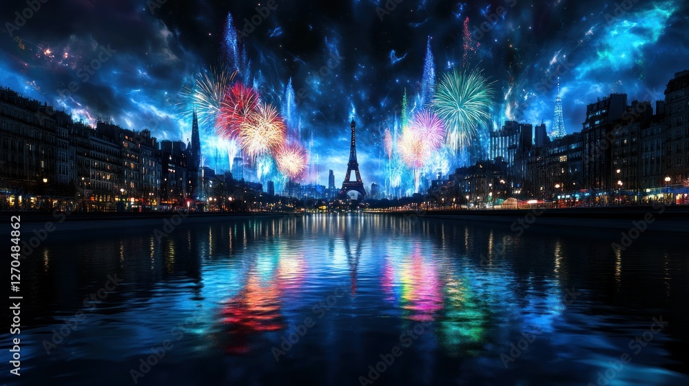 A fireworks display lighting up the night sky, with bursts of red, blue, green, and gold reflecting over a calm city river A fireworks display lighting up the night sky, with bursts of red, blue, green, and gold reflecting over a calm city river
