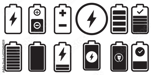 Set of vertical battery level indicators in percentage vector. Battery indicator symbols. 0-100 percent.