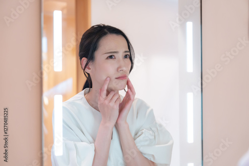 Free Download 洗面所で肌を見るネガティブな女性 - GFXLoad