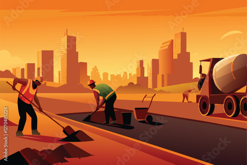 Illustrate construction workers expertly pouring wet concrete onto a newly formed foundation, emphasizing the teamwork and physical exertion involved.