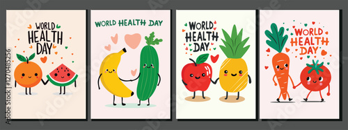 world health day 2025, global awareness calendar concept, healthy lifestyle, food nutrient,  funny fruit and vegetable  cartoon vector , greeting card, poster , banner 
