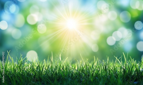Sunny spring grass bokeh background, nature