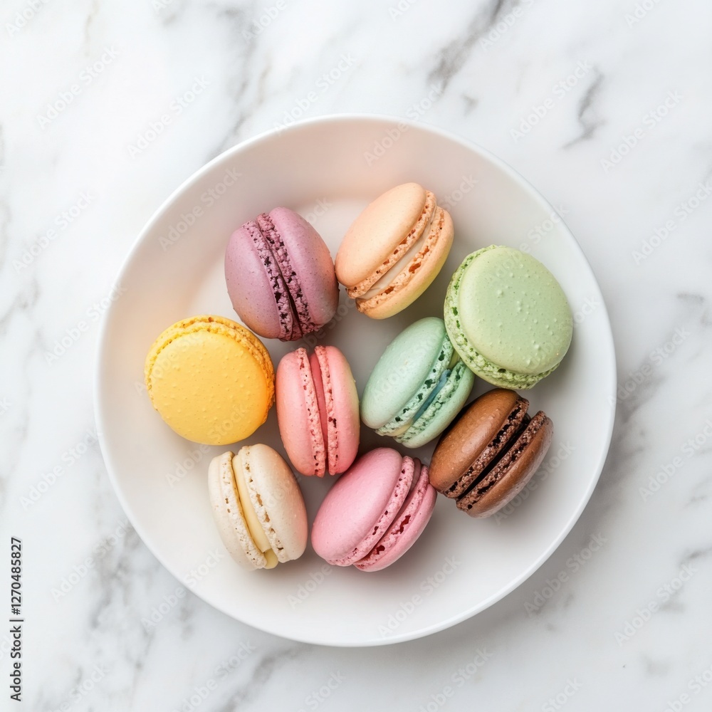 Fototapeta premium A vibrant plate of assorted macarons in pastel colors, beautifully displayed on a marble surface, Macarons centered