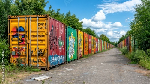 A line of abandoned shipping containers covered in graffiti art, sitting in an empty lot surrounded by overgrown vegetation