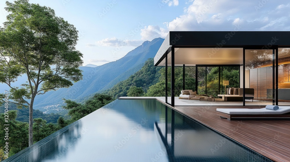 A luxury two-container home with floor-to-ceiling glass panels, an infinity pool, and a breathtaking mountain view. A luxury two-container home with floor-to-ceiling glass panels, an infinity pool, and a breathtaking mountain view.