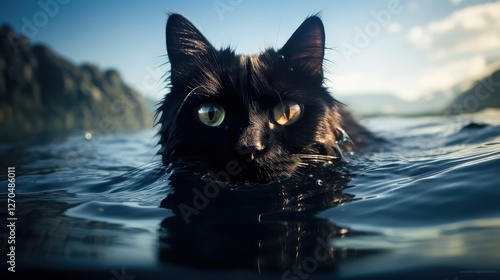 swimmg cat in water photo