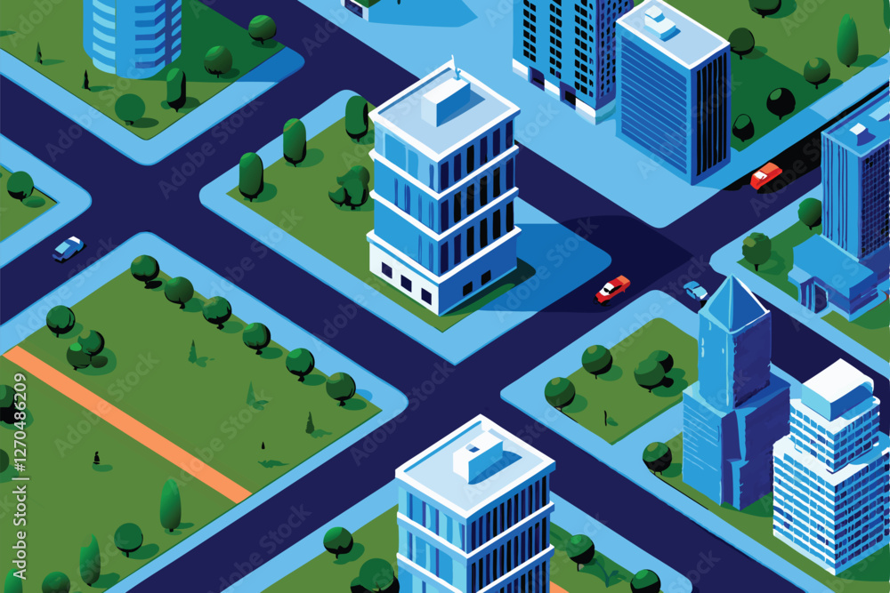 Create an isometric illustration of a vibrant city, showcasing diverse building styles and heights, with detailed street layouts and varied architectural features. Create an isometric illustration of a vibrant city, showcasing diverse building styles and heights, with detailed street layouts and varied architectural features.