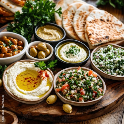 A vibrant platter of Mediterranean mezze with hummus, baba ganoush, tabbouleh