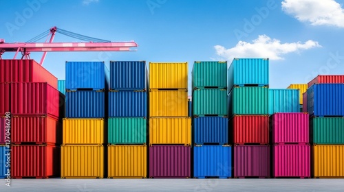 A massive shipping container yard filled with colorful stacked containers under a bright blue sky, with cranes in the background.