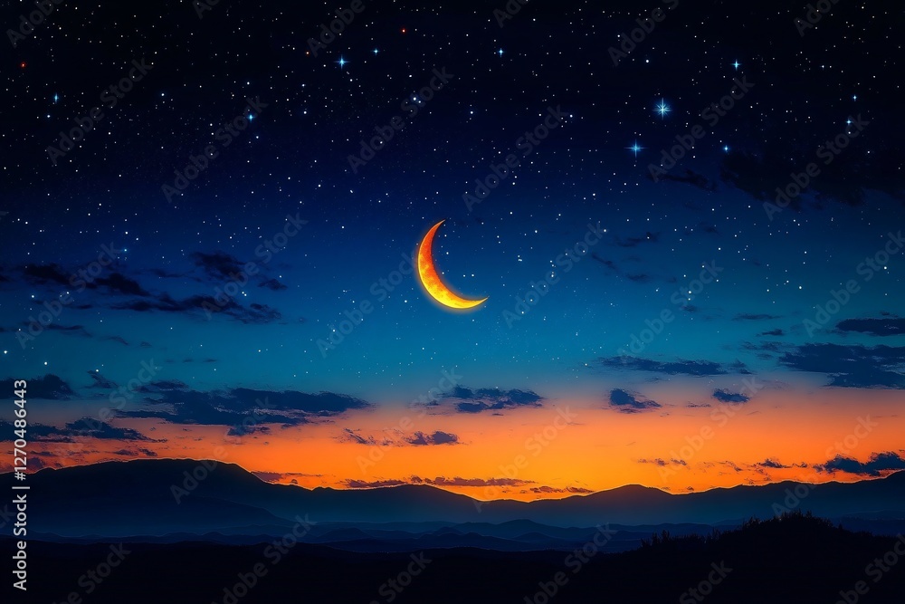 A serene night sky with a glowing crescent moon and twinkling stars, perfect for Islamic events, inspirational posts, or tranquil art pieces for relaxation. A serene night sky with a glowing crescent moon and twinkling stars, perfect for Islamic events, inspirational posts, or tranquil art pieces for relaxation.