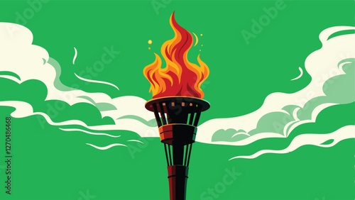 A vibrant Olympic torch, ablaze with fiery red and orange flames, exhibiting layered texture and intense glow.