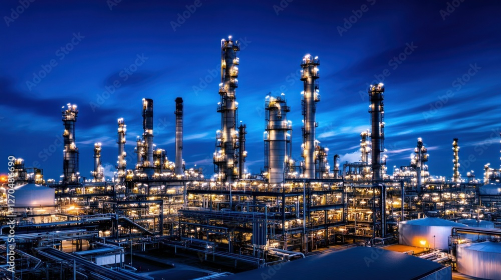 Fototapeta premium A night-time oil refinery illuminated by thousands of bright lights, with towering distillation columns and storage tanks visible under a deep blue sky.
