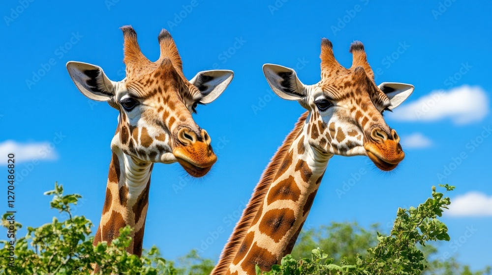 Fototapeta premium A pair of giraffes extending their long necks to nibble on tree leaves, their striking patterns standing out against a bright blue sky.